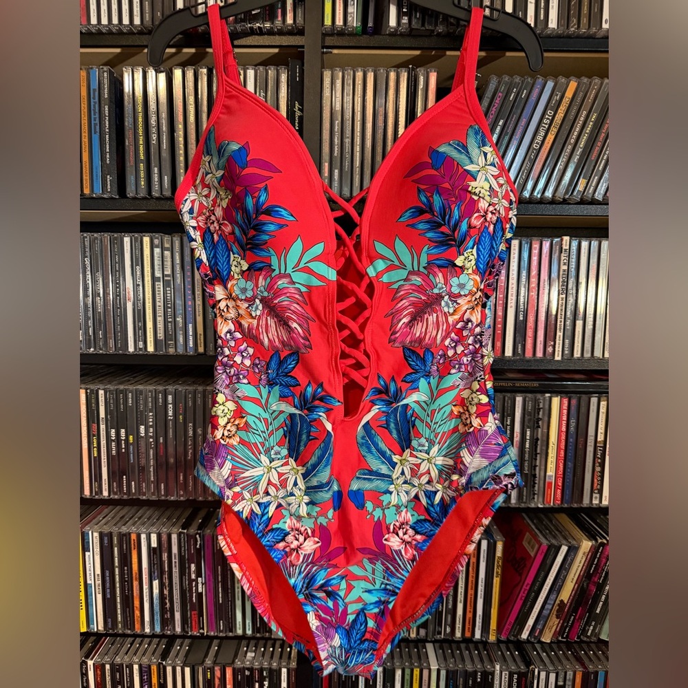 Kenneth Cole Floral Lace-Up One-Piece Swimsuit Women’s Medium Tropical Beach